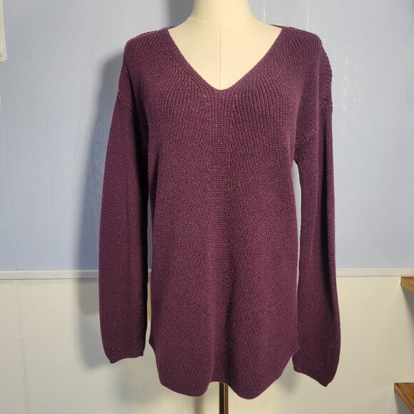 Ana Medium Dark Purple Metallic V Neck Tight Knit Longsleeve Pullover Sweater - Picture 1 of 9